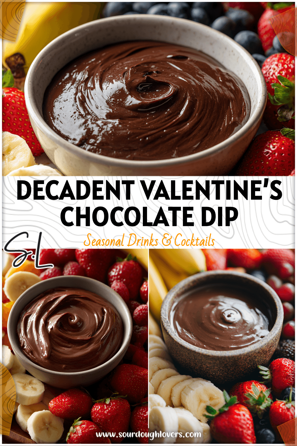 Bowl of Dark Chocolate Dip surrounded by colorful fruits ready to be dipped for Valentine’s Day.